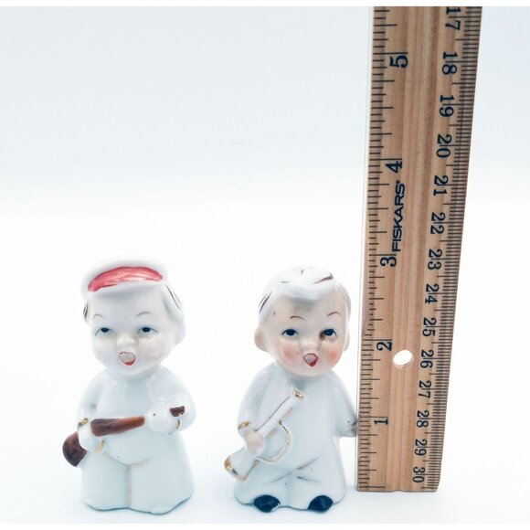 Ceramic Choir Boy Angel Baby Figures Pair Vintage w Instruments 2.75 Inch Japan - Picture 2 of 16